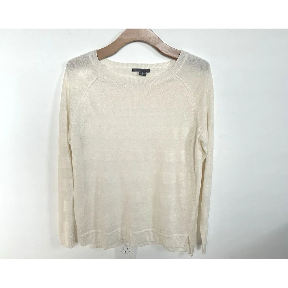 Vince Round Neck Raglan Sleeve Light Linen L/S Sweater Semi Sheer Stripes Sz XS